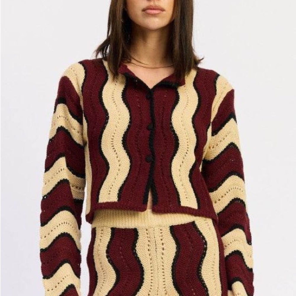Emory Park Burgundy Cream Crochet Knit Cardigan Wide Leg Pants Set VGUC - Picture 2 of 4